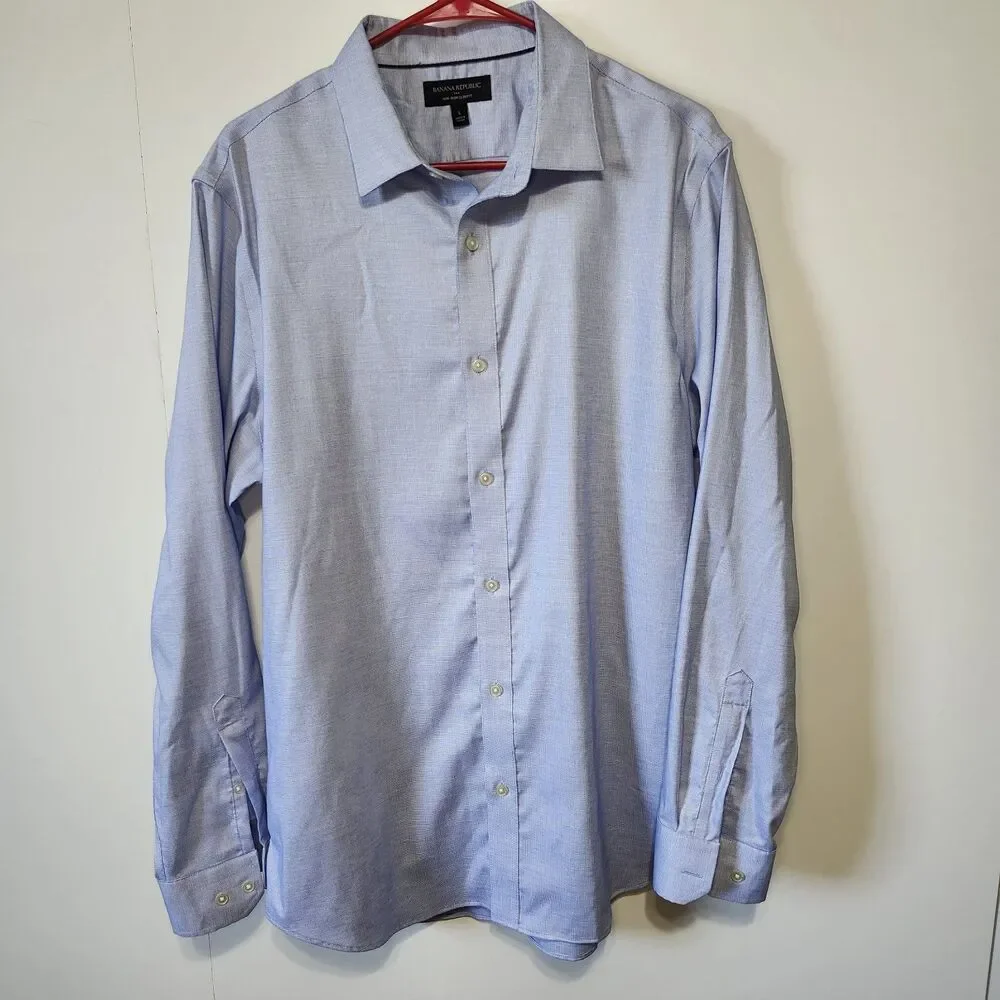 Banana Republic Slim Fit Non-Iron Dress Shirt Blue Dobby Check Large Altered